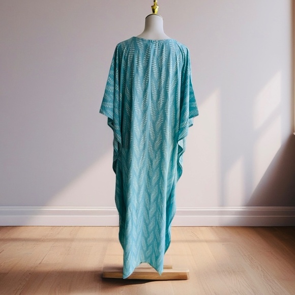 0109/ Pale Teal Leaf Pattern Kaftan, Long Kaftan - Picture 8 of 14